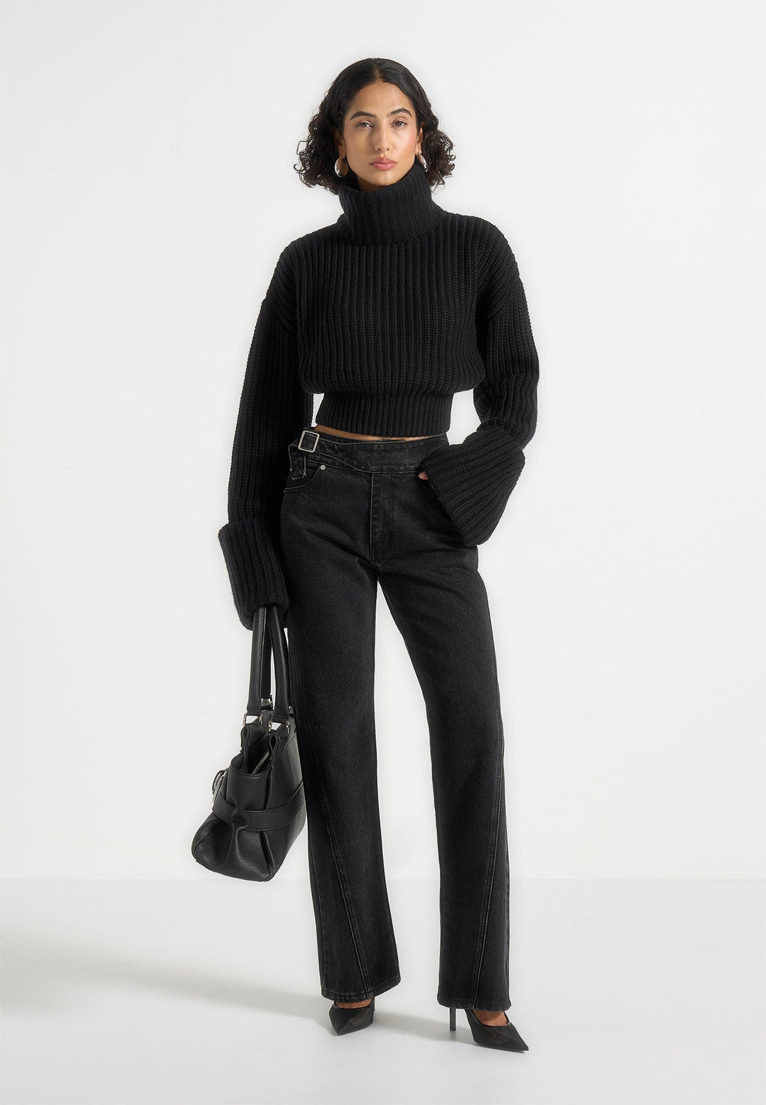 Amaya - Roll Neck Knit Jumper With Cuffs - Black