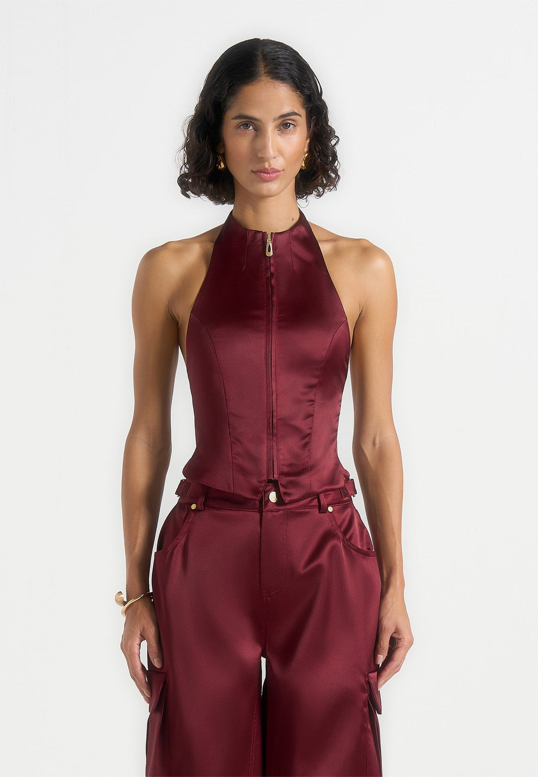 Claudette - Satin Halterneck Backless Top - Wine Red