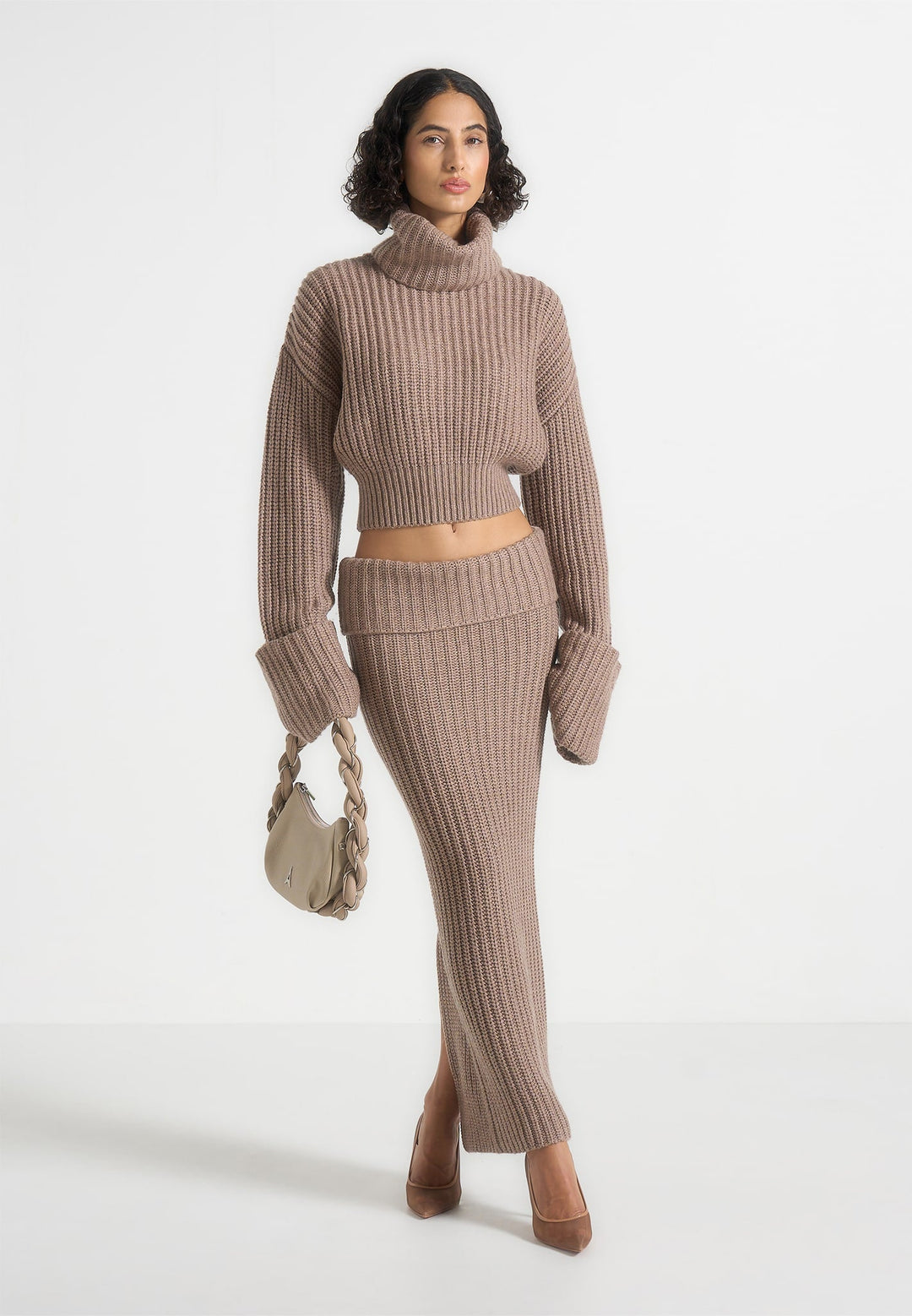 Lyra - Knit Maxi Skirt with Foldover - Taupe