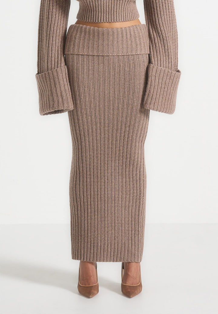 Lyra - Knit Maxi Skirt with Foldover - Taupe