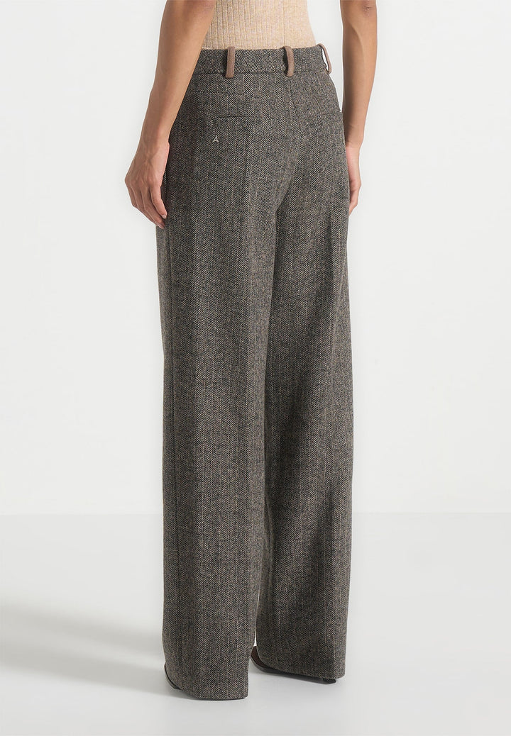 Julie - Herringbone Wool Twin Pleat Trousers - Grey