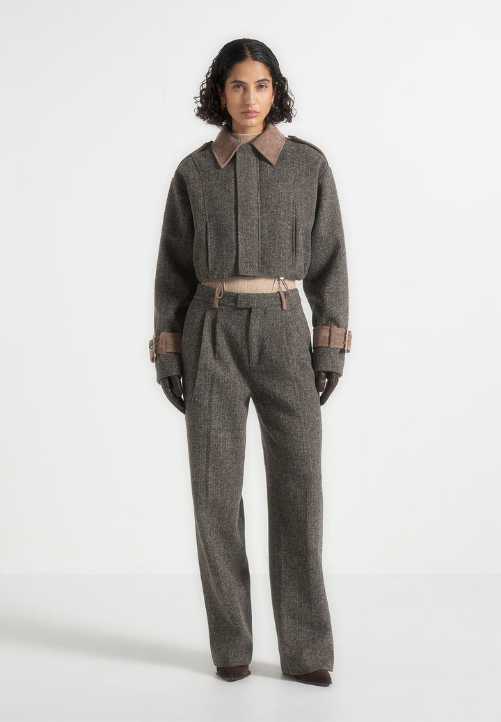 Julie - Herringbone Wool Twin Pleat Trousers - Grey