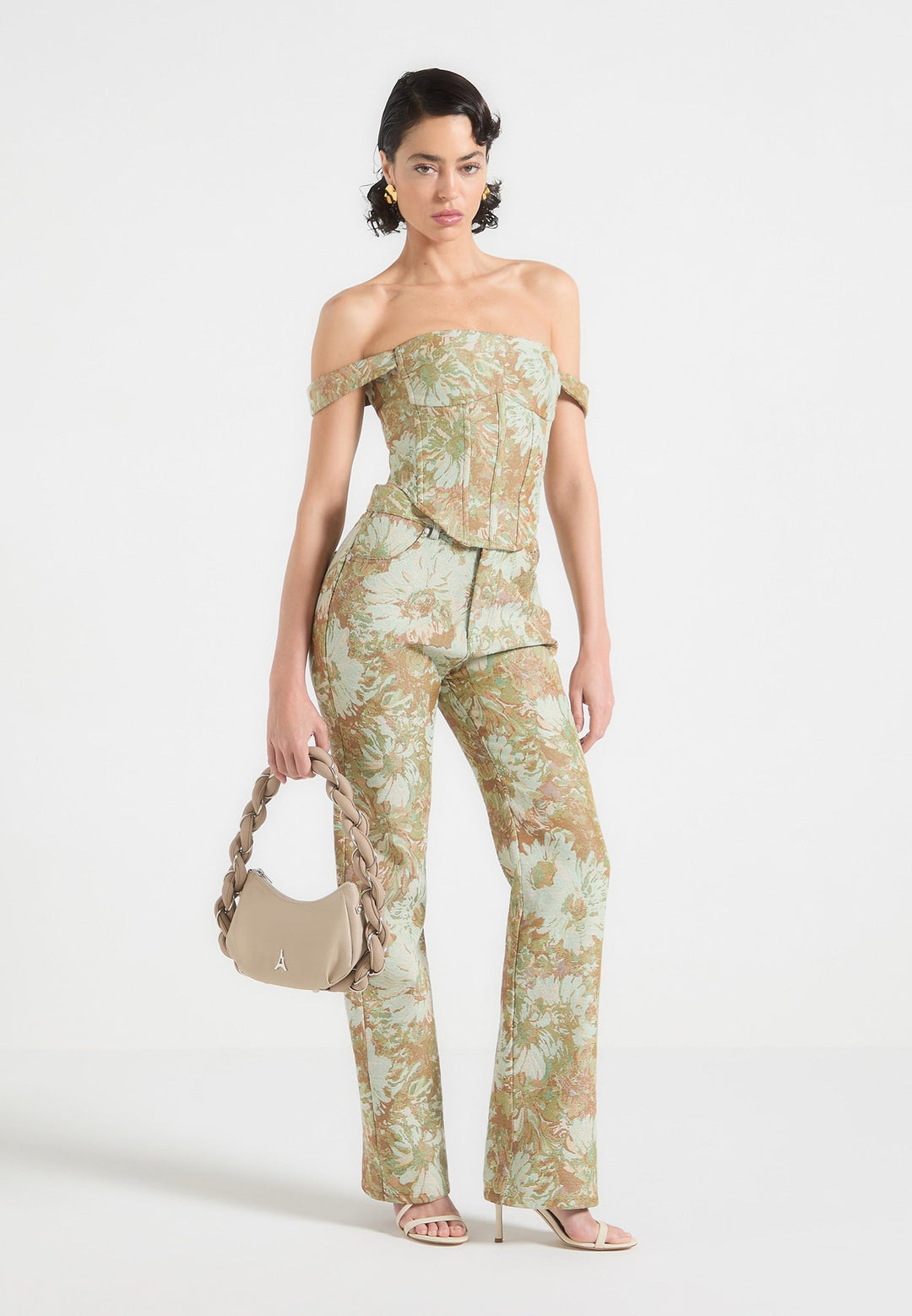 Bonnie - Jacquard Bardot Corset Top - Sage