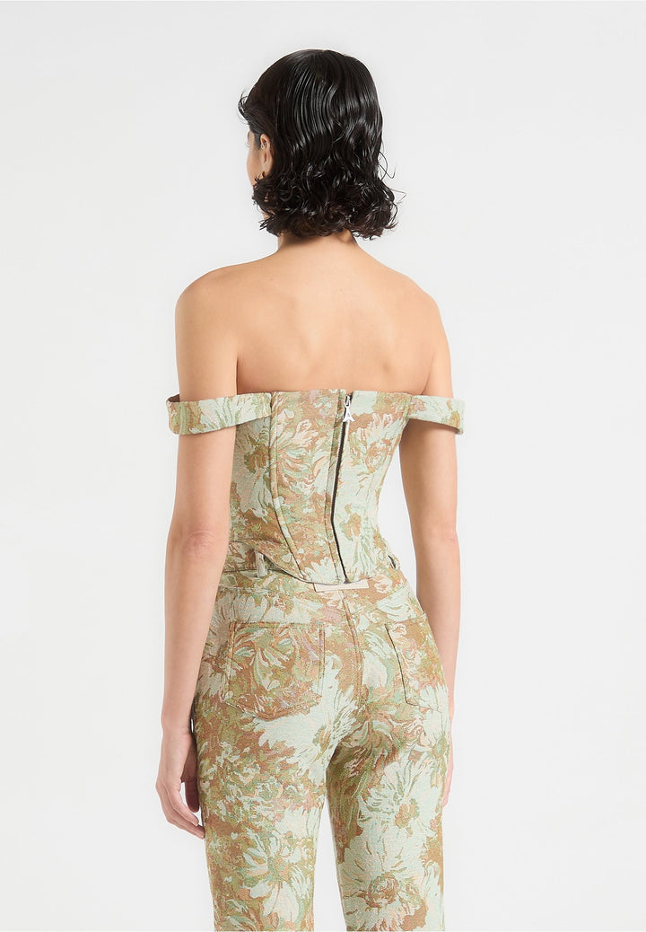 Bonnie - Jacquard Bardot Corset Top - Sage