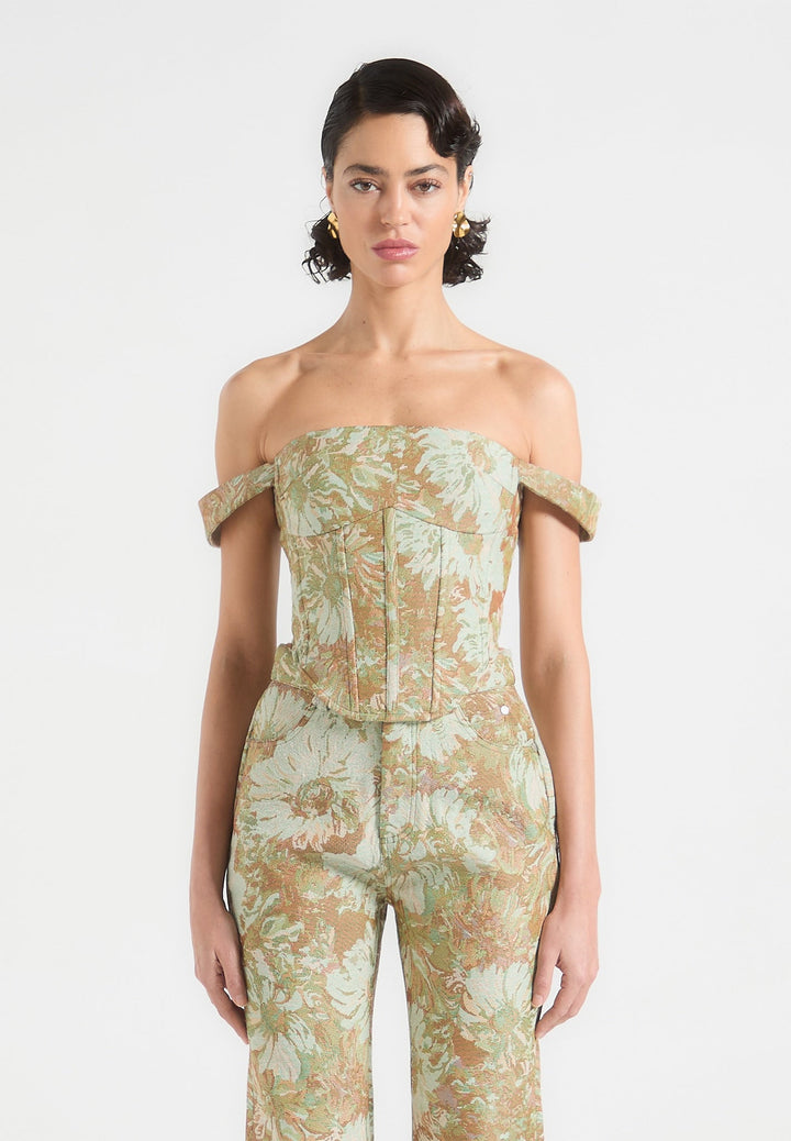 Bonnie - Jacquard Bardot Corset Top - Sage