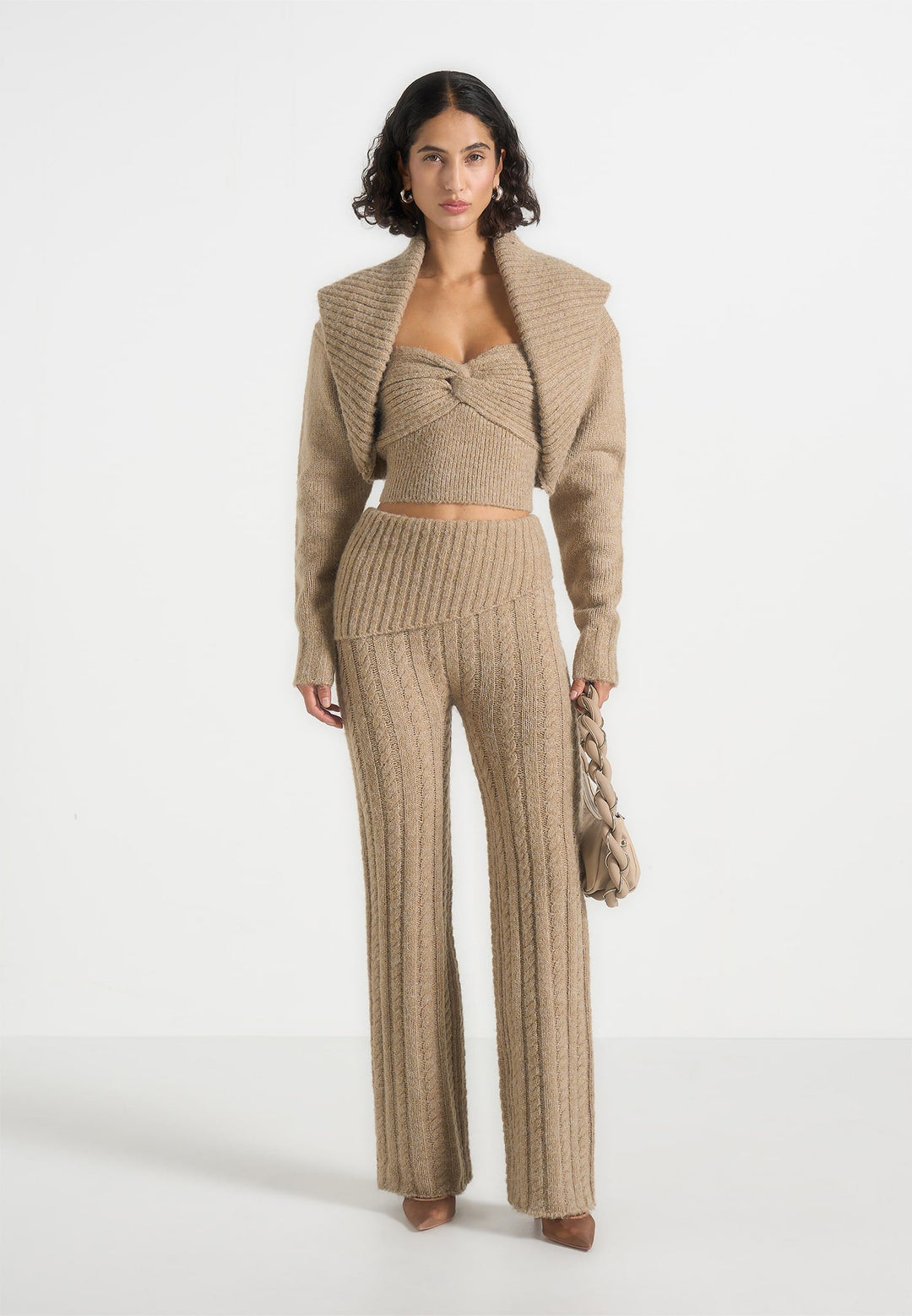 Elvy - Cable Knit Foldover Fit &amp; Flare Bottoms - Taupe