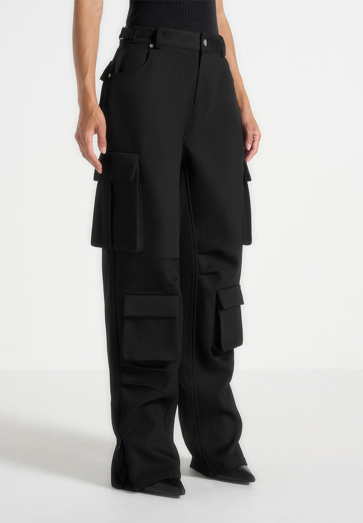 Emilie - Drill High Waisted Cargo Pants - Black