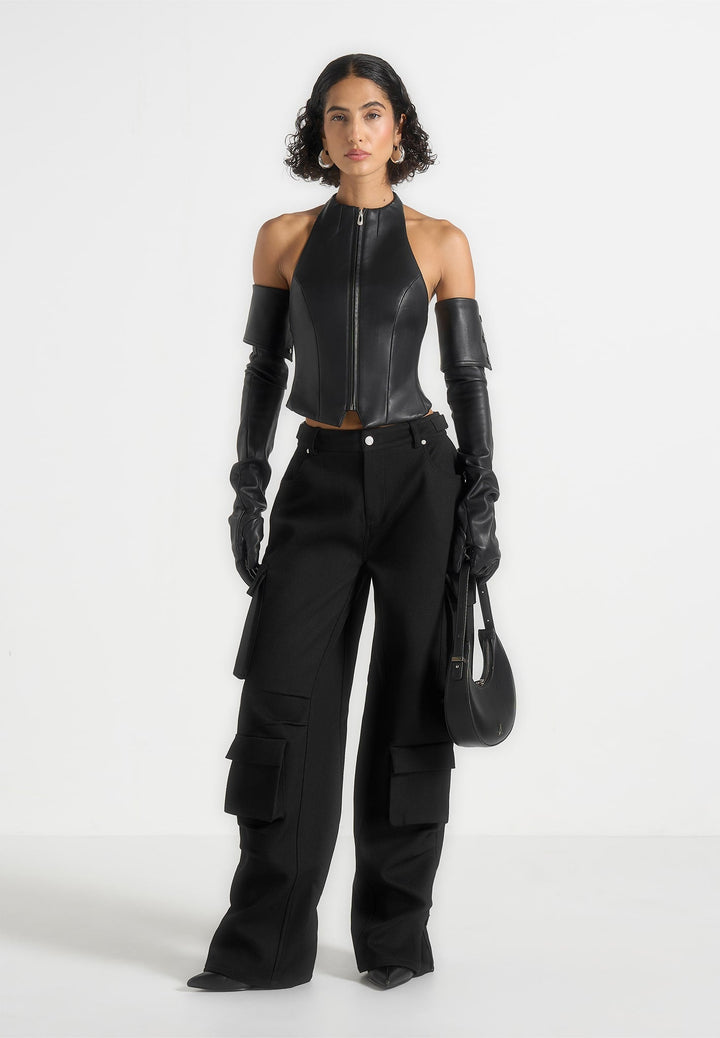 Emilie - Drill High Waisted Cargo Pants - Black