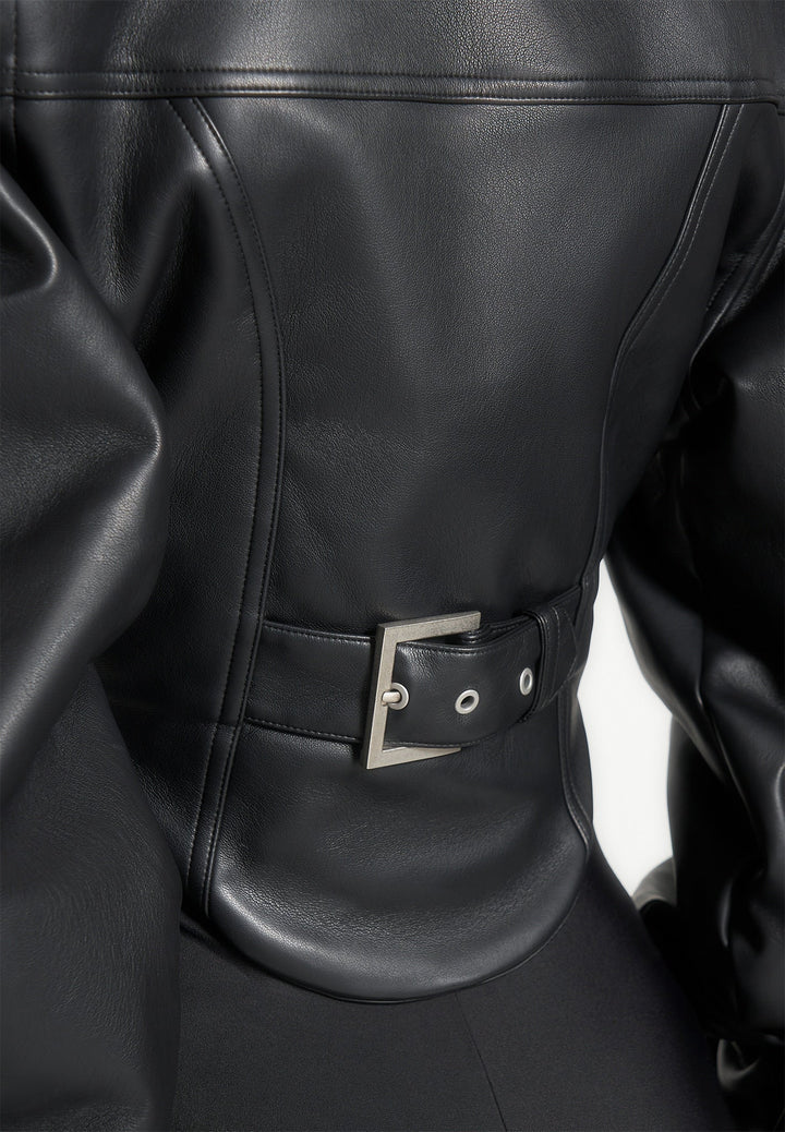 Solange - Leather Tacked Sleeve Corset Jacket - Black