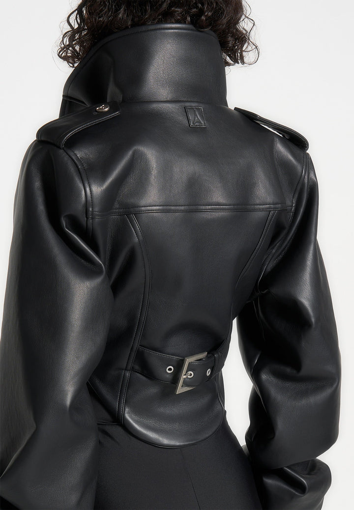 Solange - Leather Tacked Sleeve Corset Jacket - Black