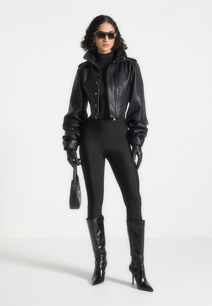 Solange - Leather Tacked Sleeve Corset Jacket - Black