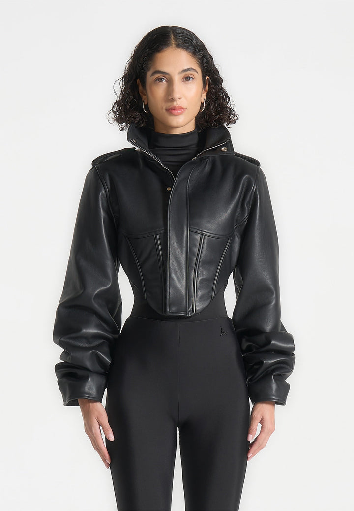 Solange - Leather Tacked Sleeve Corset Jacket - Black
