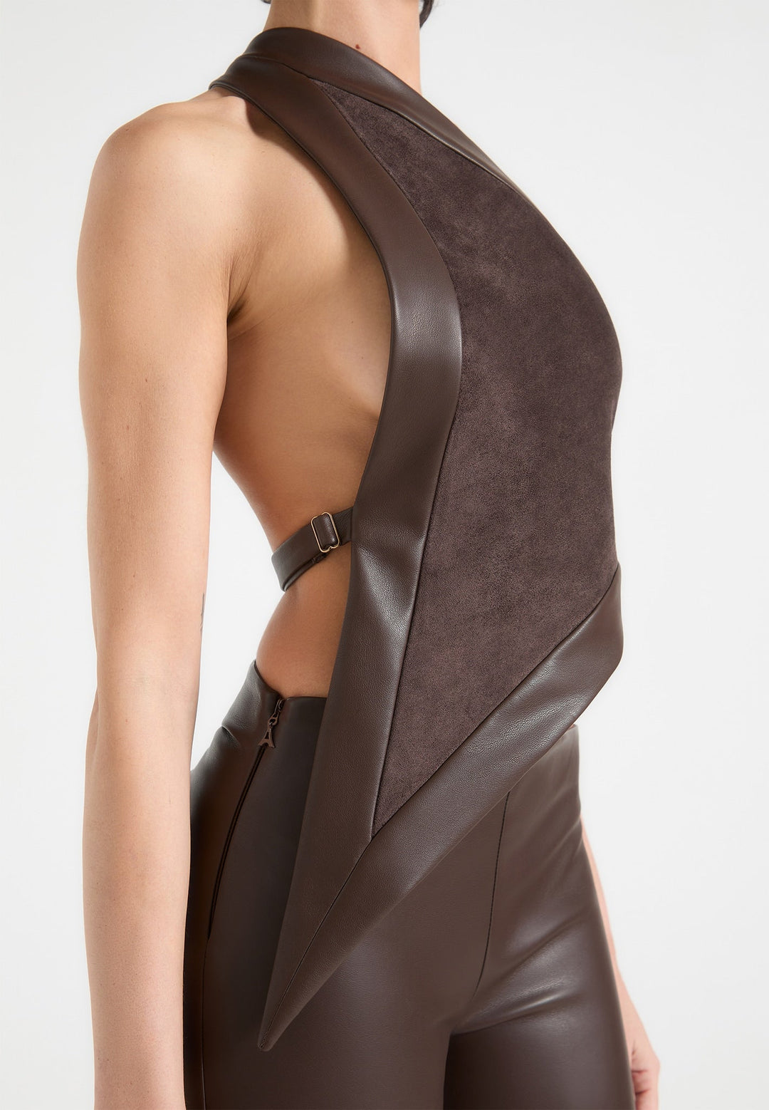 Suede &amp; Leather Asymmetric Backless Top - Brown