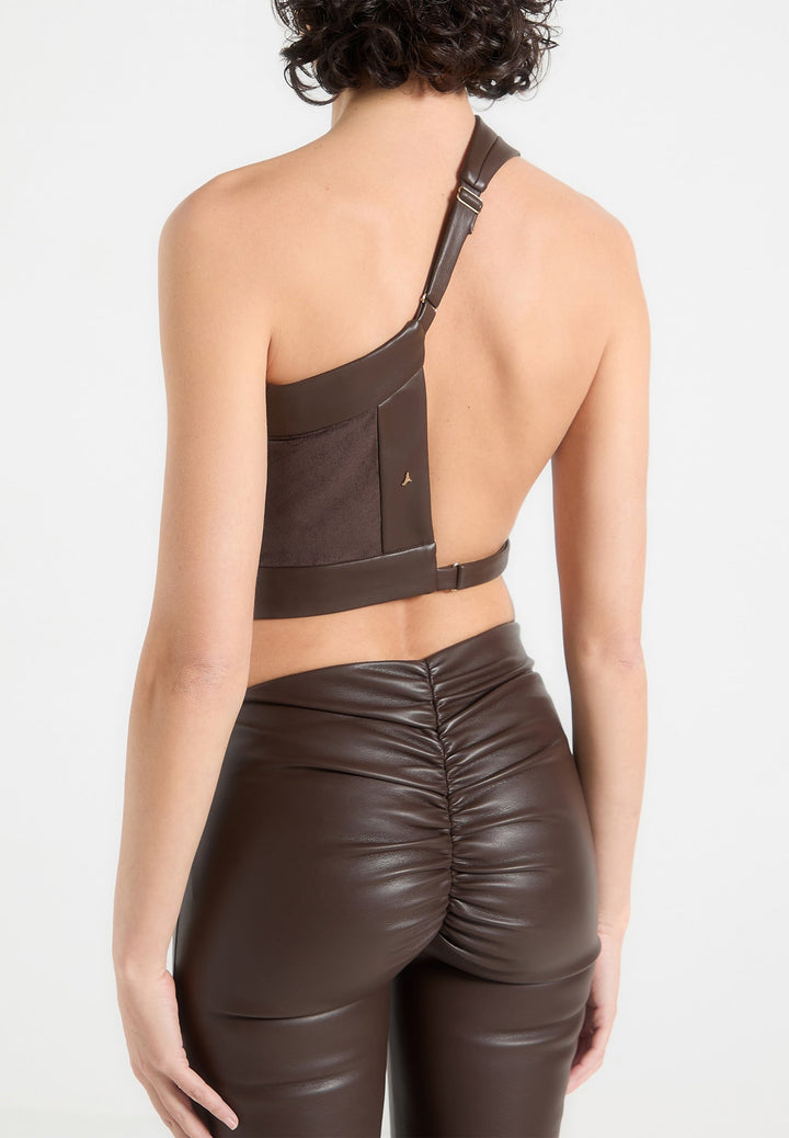 Suede &amp; Leather Asymmetric Backless Top - Brown