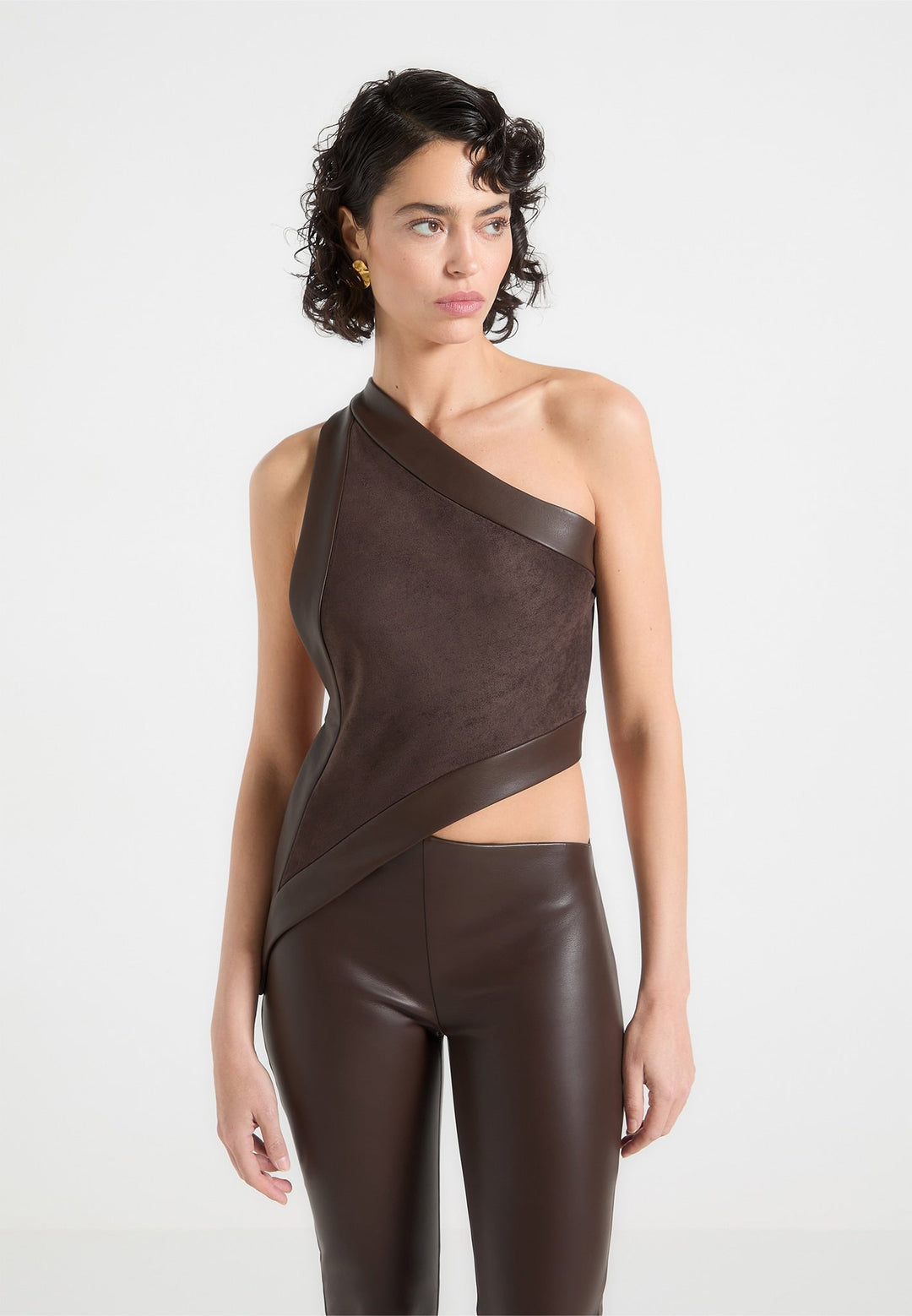 Suede &amp; Leather Asymmetric Backless Top - Brown