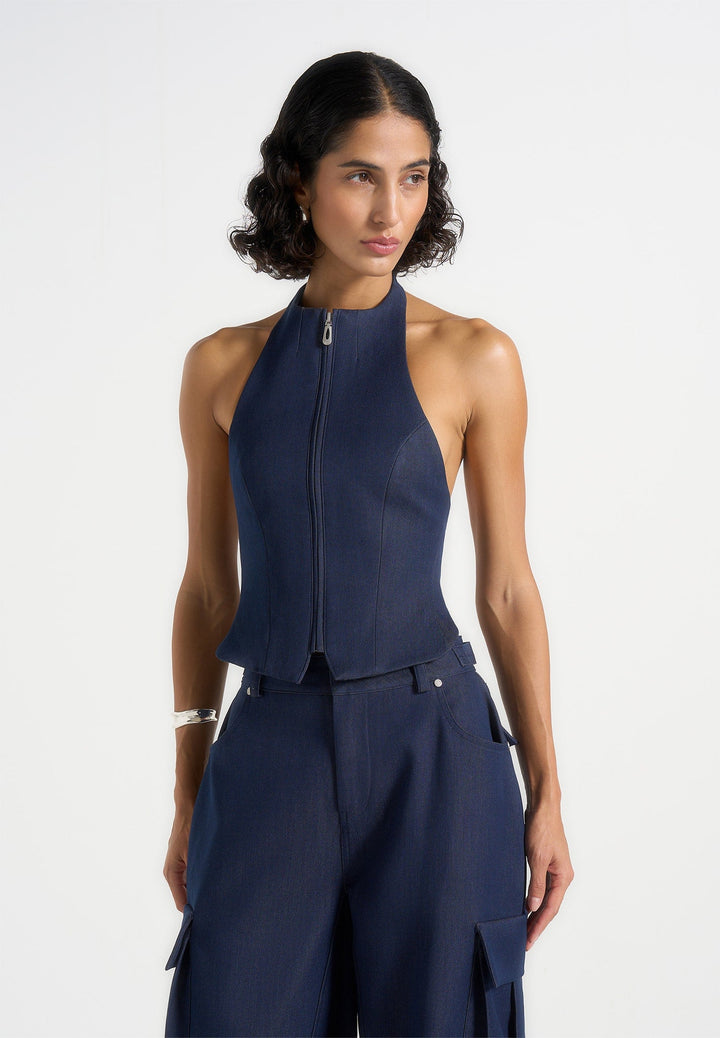 Claudette - Halterneck Backless Top - Indigo