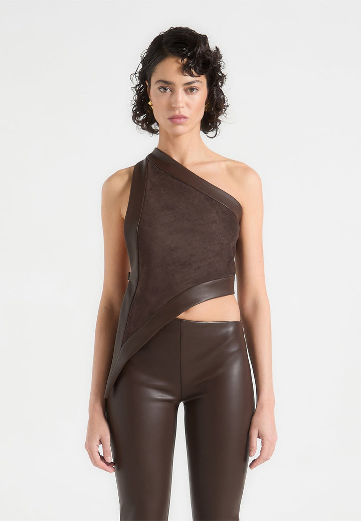 Suede &amp; Leather Asymmetric Backless Top - Brown
