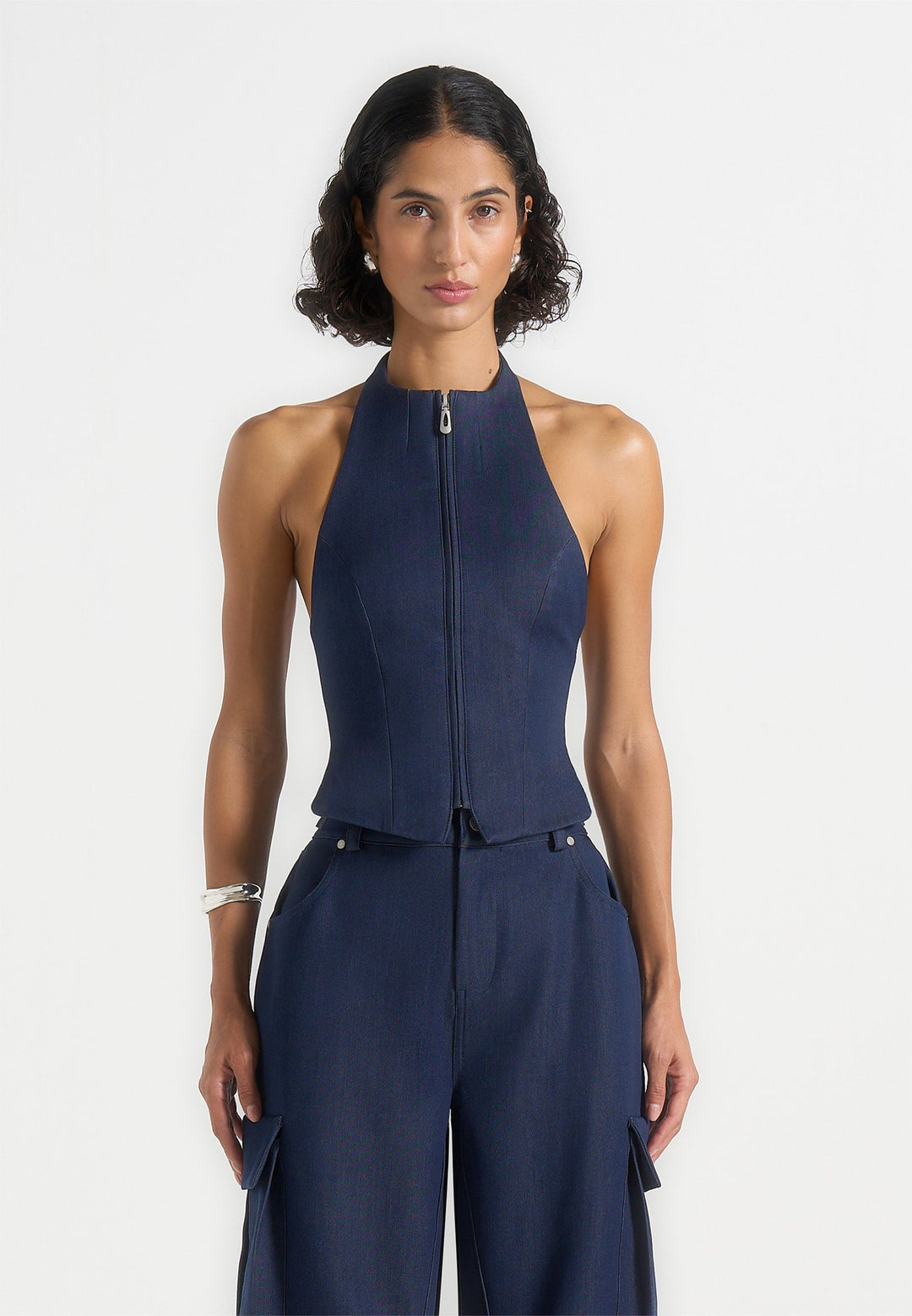 Claudette - Halterneck Backless Top - Indigo