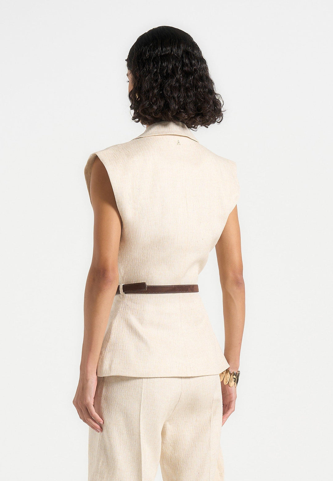 Linda - Linen Wide Shoulder Cinched Waistcoat - Natural