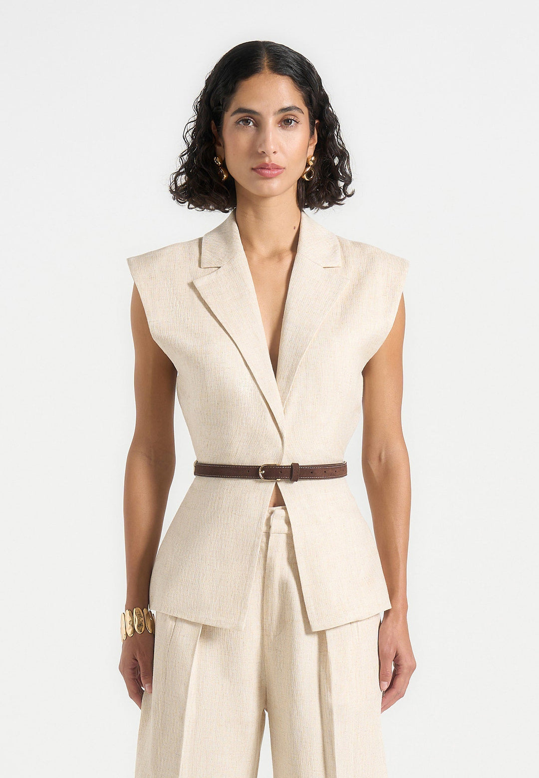 Linda - Linen Wide Shoulder Cinched Waistcoat - Natural