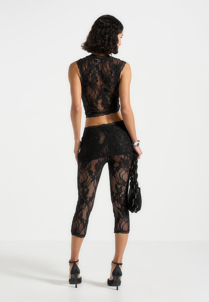 Aimee - Lace Asymmetric Capri Leggings - Black