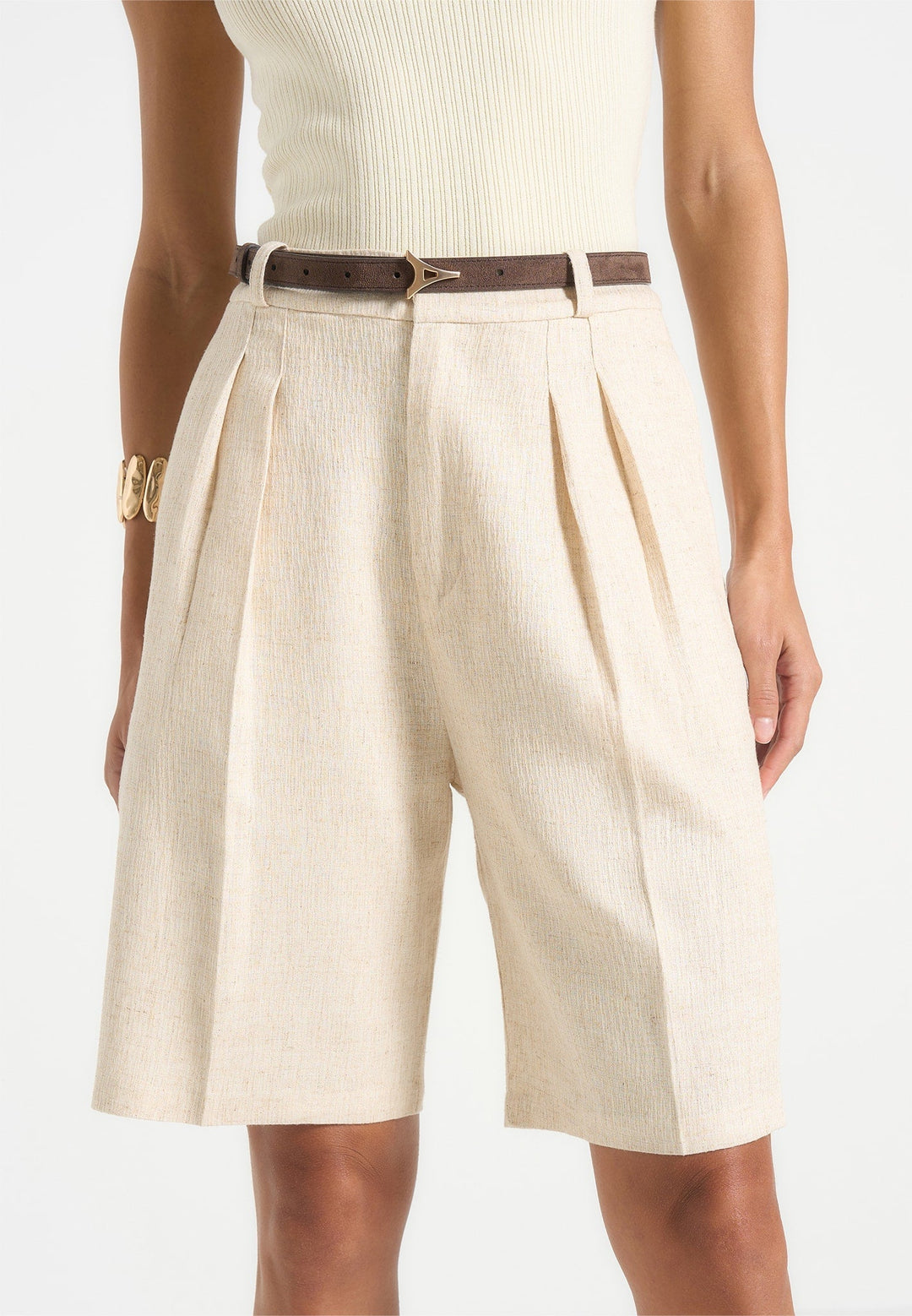 Lorette - Linen Double Pleat Shorts - Natural