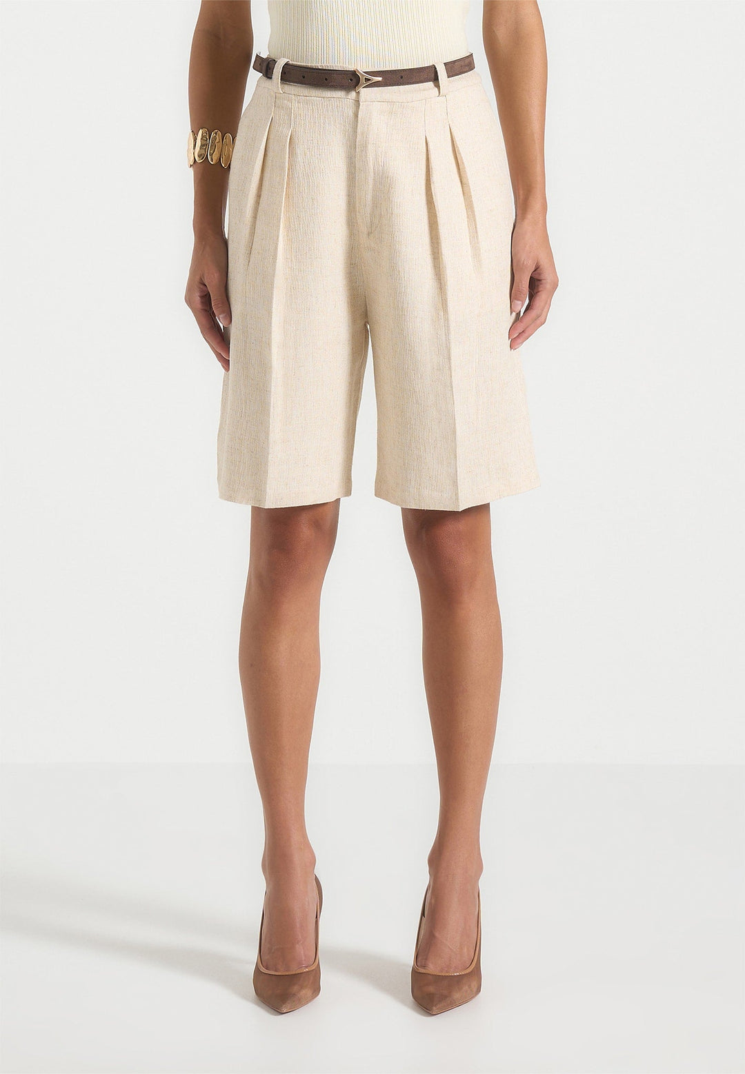Lorette - Linen Double Pleat Shorts - Natural