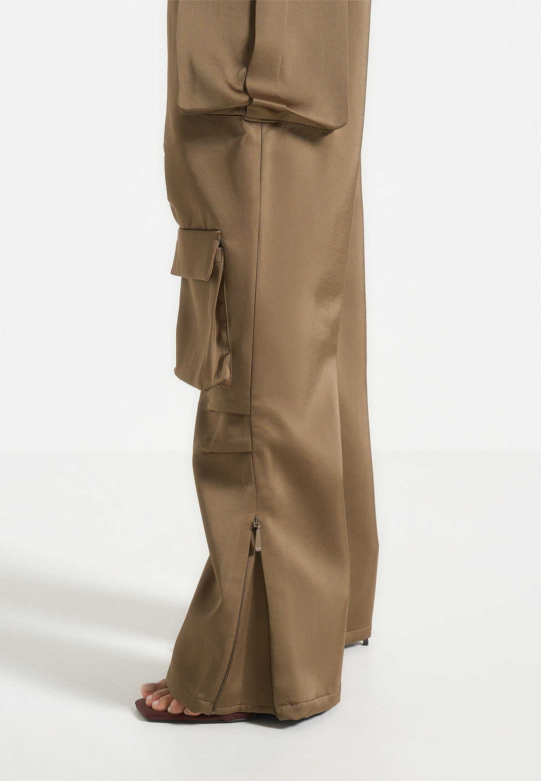 Emilie - Satin High Waisted Cargo Pants - Dark Olive