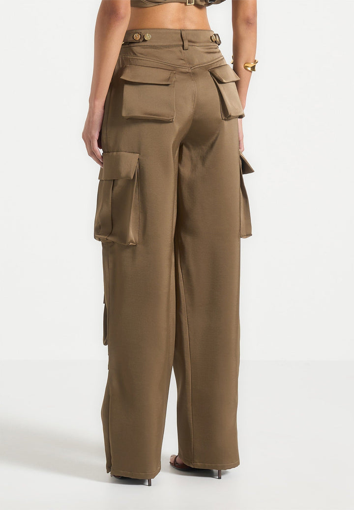 Emilie - Satin High Waisted Cargo Pants - Dark Olive