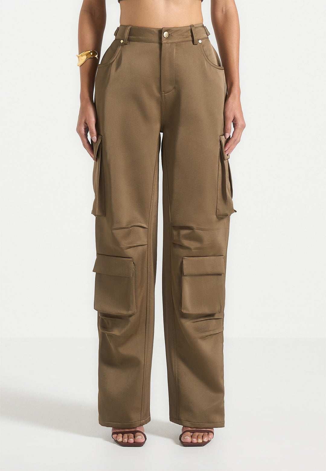 Emilie - Satin High Waisted Cargo Pants - Dark Olive