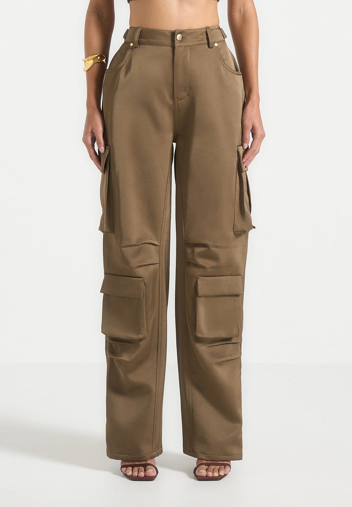 Emilie - Satin High Waisted Cargo Pants - Dark Olive