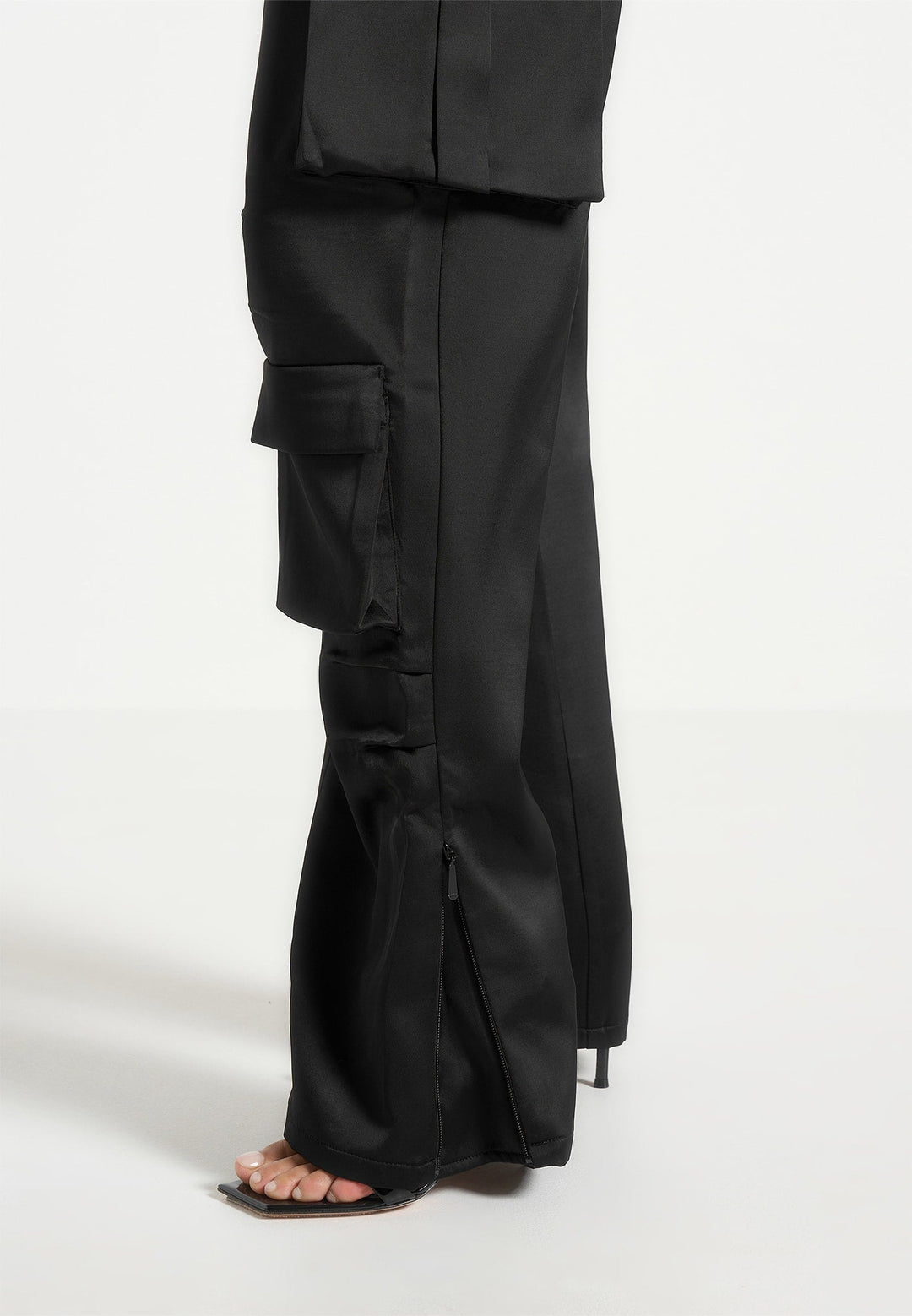 Emilie - Satin High Waisted Cargo Pants - Black