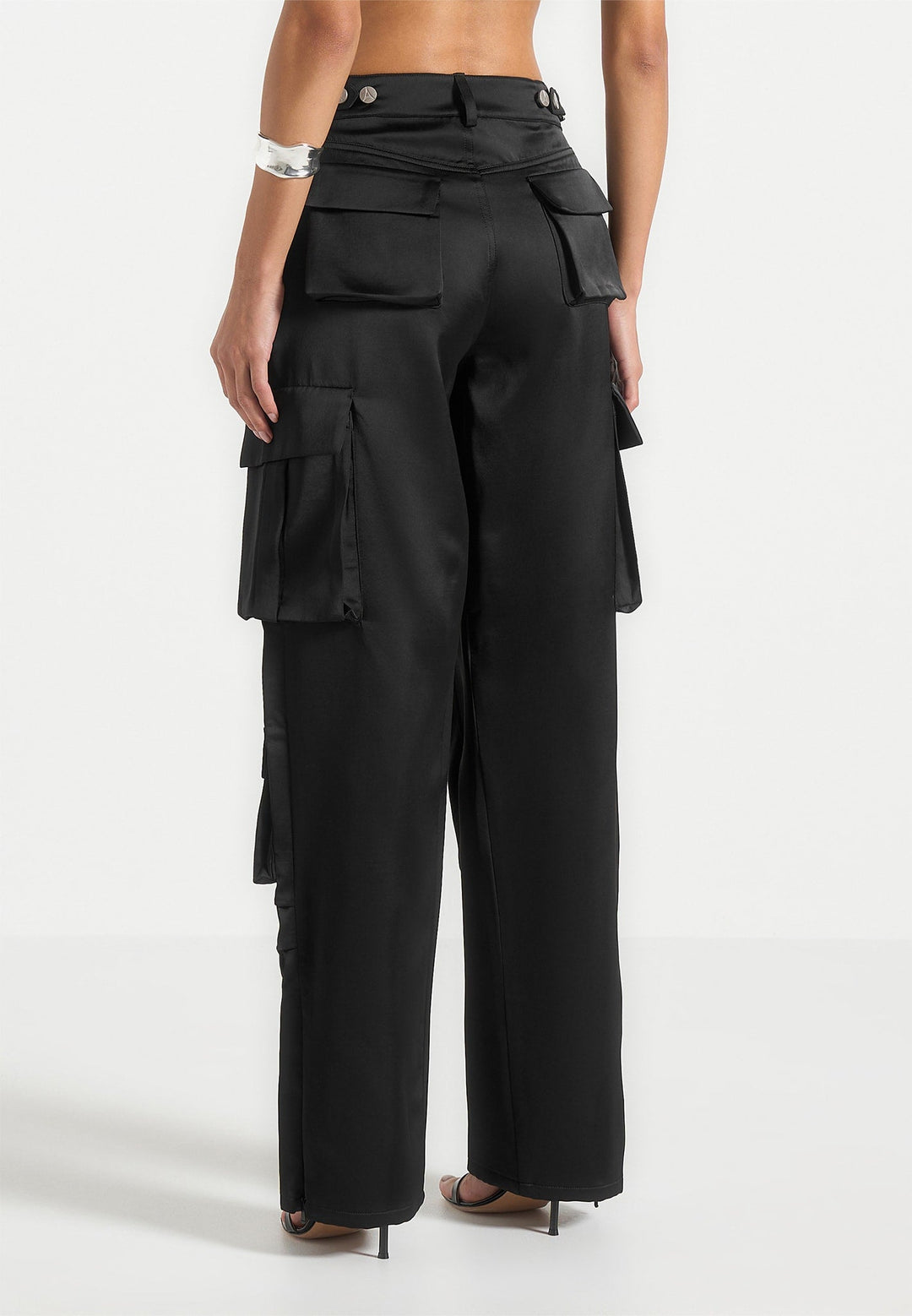 Emilie - Satin High Waisted Cargo Pants - Black
