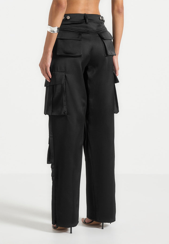 Emilie - Satin High Waisted Cargo Pants - Black