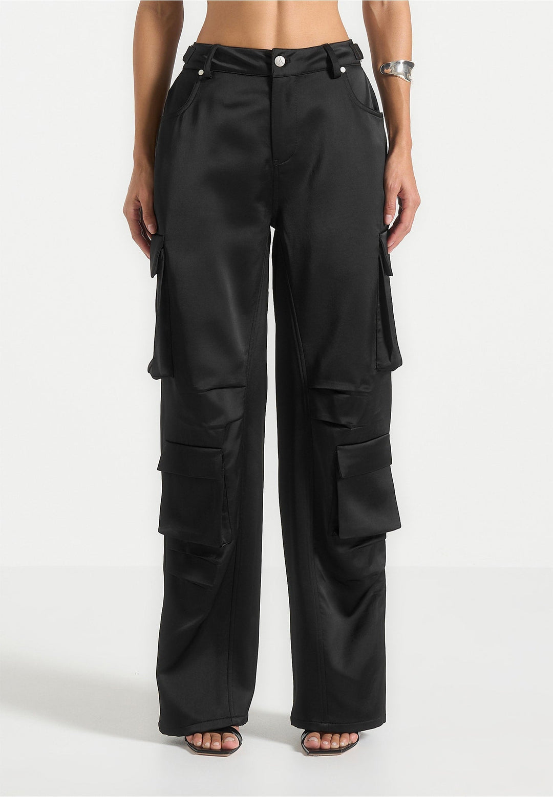 Emilie - Satin High Waisted Cargo Pants - Black