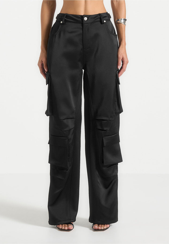 Emilie - Satin High Waisted Cargo Pants - Black