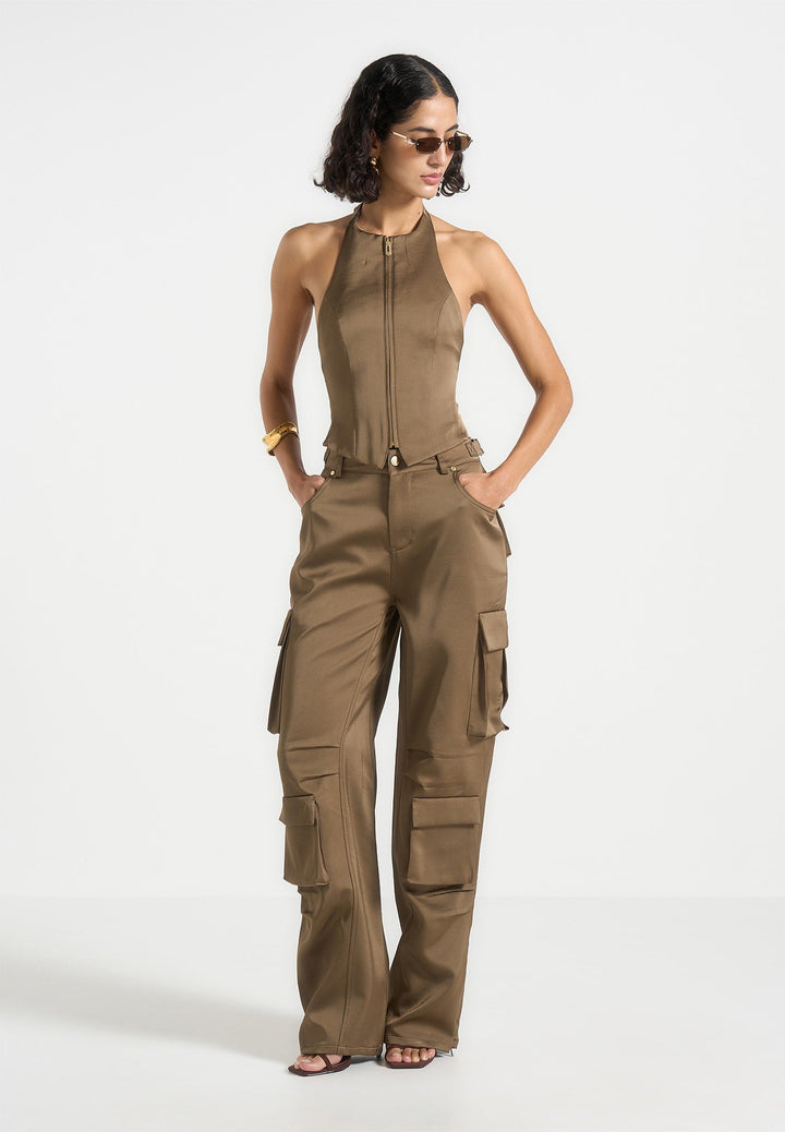 Claudette - Satin Halterneck Backless Top - Dark Olive