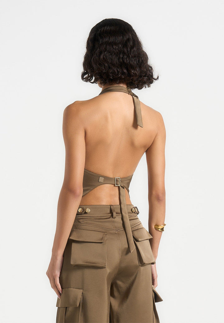 Claudette - Satin Halterneck Backless Top - Dark Olive