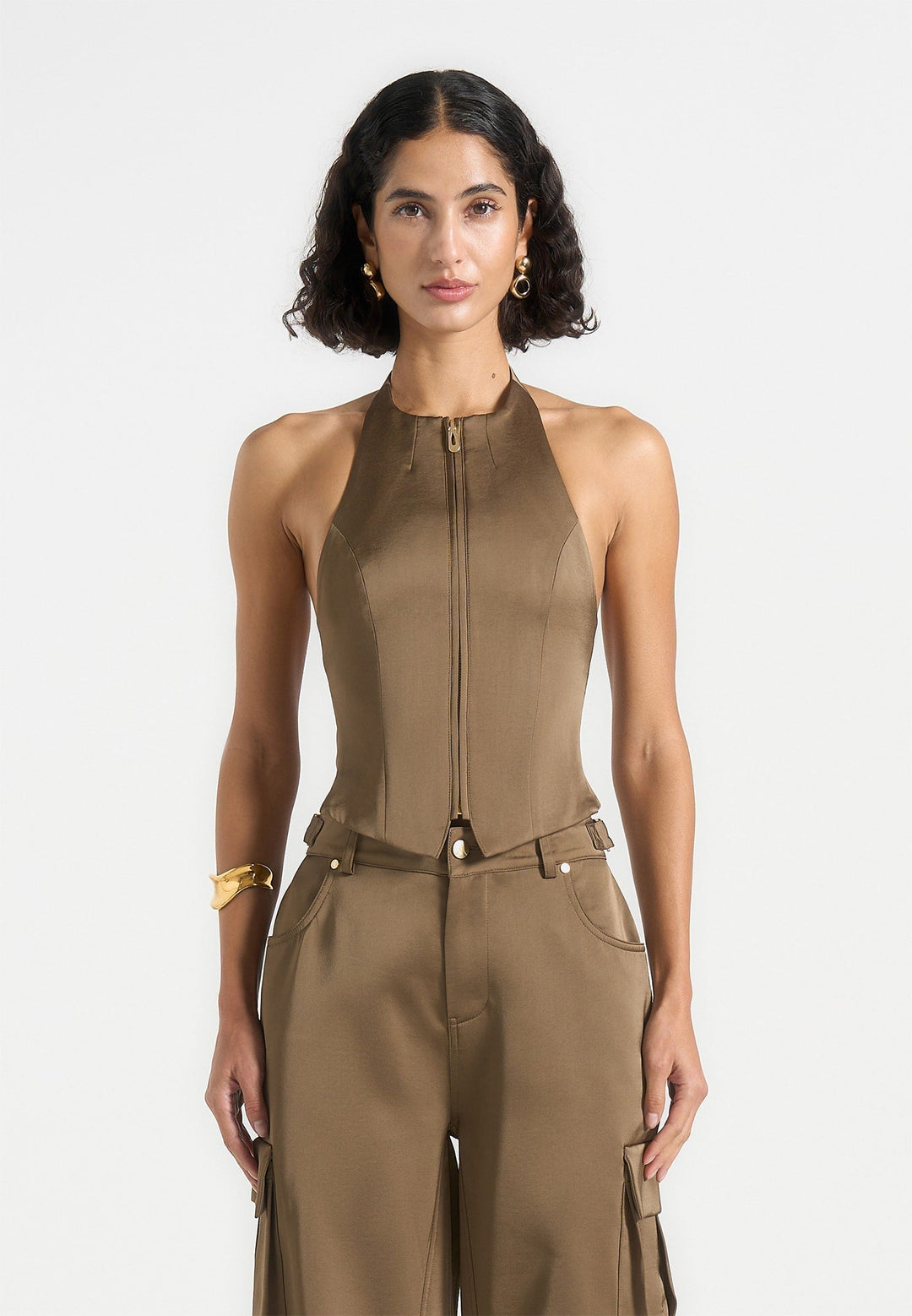 Claudette - Satin Halterneck Backless Top - Dark Olive
