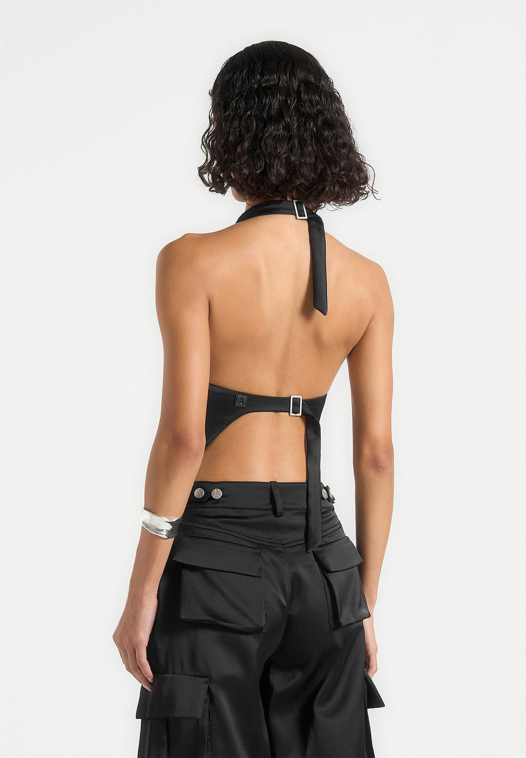 Claudette - Satin Halterneck Backless Top - Black
