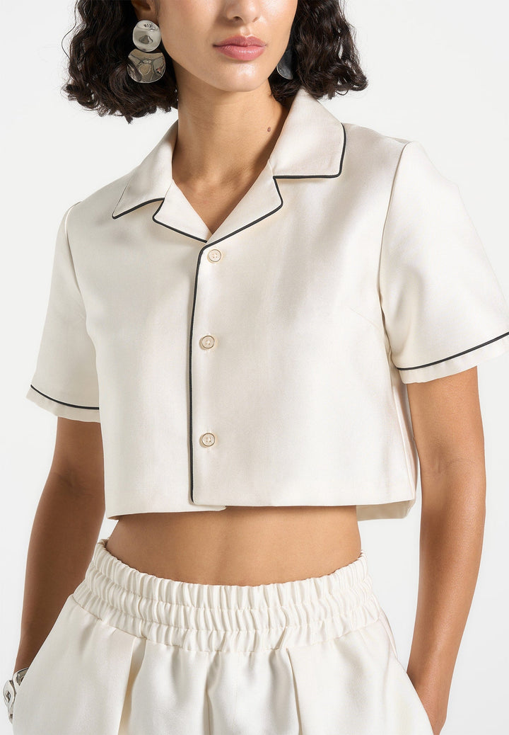 Maude - Satin Cropped Shirt with Piping - Off White