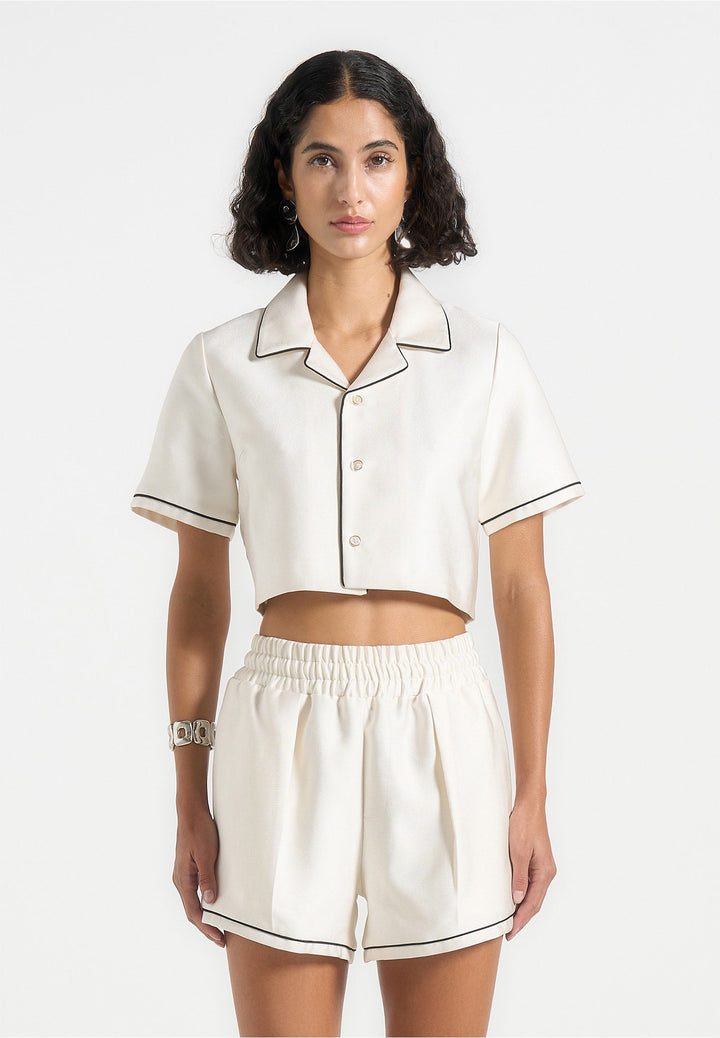 Maude - Satin Cropped Shirt with Piping - Off White