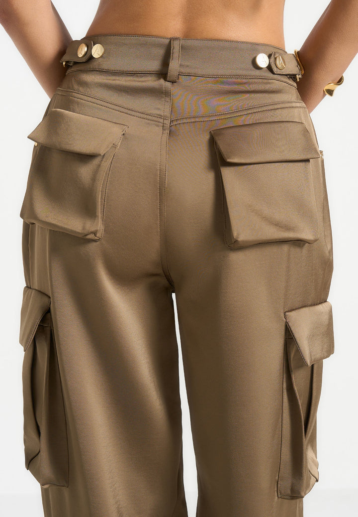 Emilie - Satin High Waisted Cargo Pants - Dark Olive