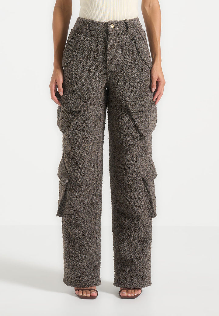 Anne - High Waisted Boucle Denim Cargo Pants - Brown