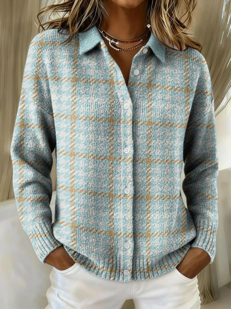 Tara | Checked Knit Blouse with Sand-Colored Accents
