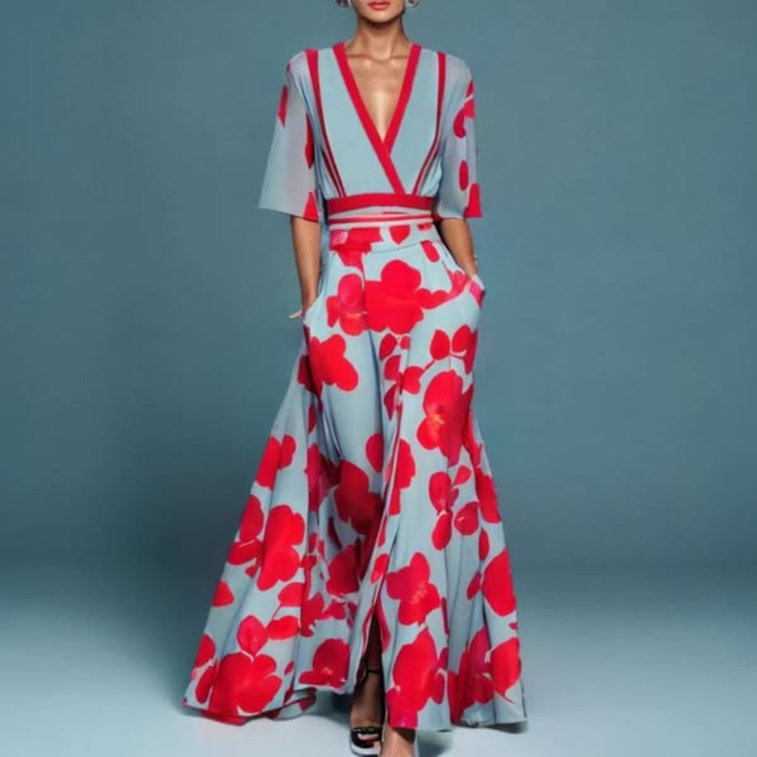 Hazel - Belted V-Neck Floral Maxi Dress