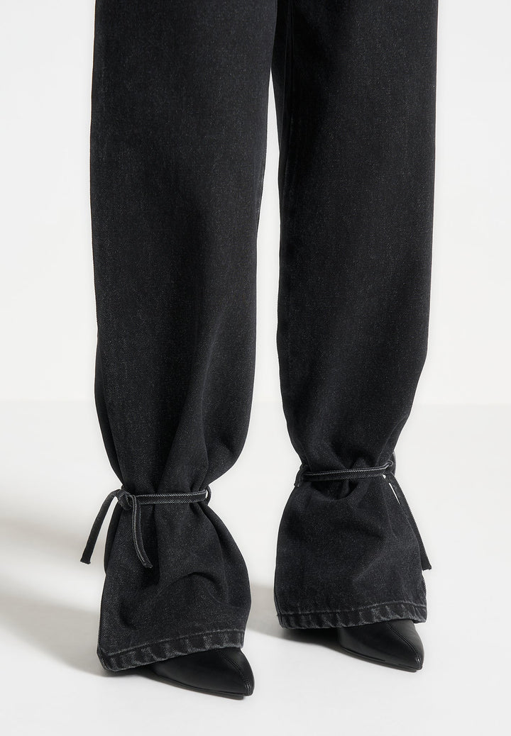 Faye - Wide Mid Rise Jeans with Tie Waist - Washed Black