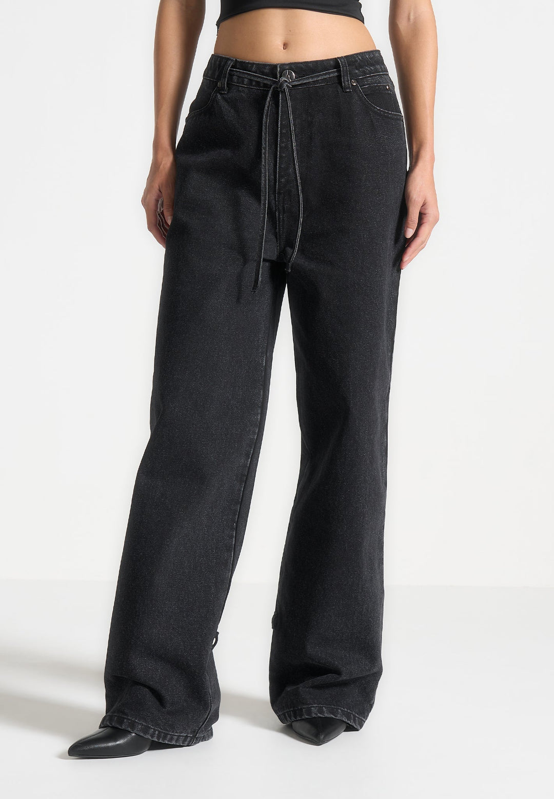 Faye - Wide Mid Rise Jeans with Tie Waist - Washed Black