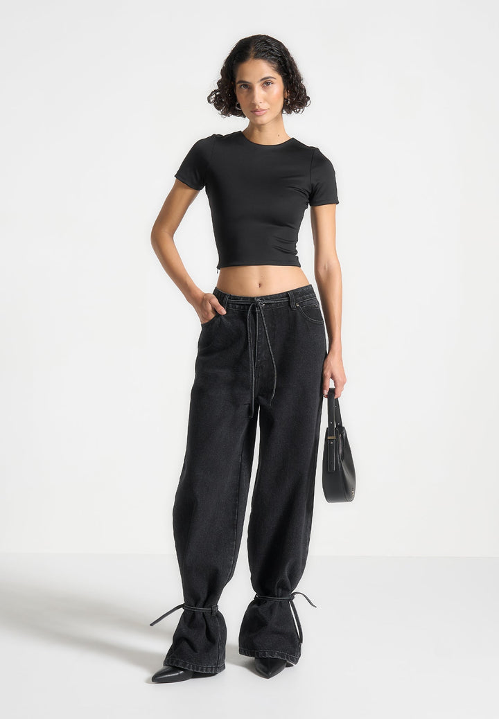 Faye - Wide Mid Rise Jeans with Tie Waist - Washed Black
