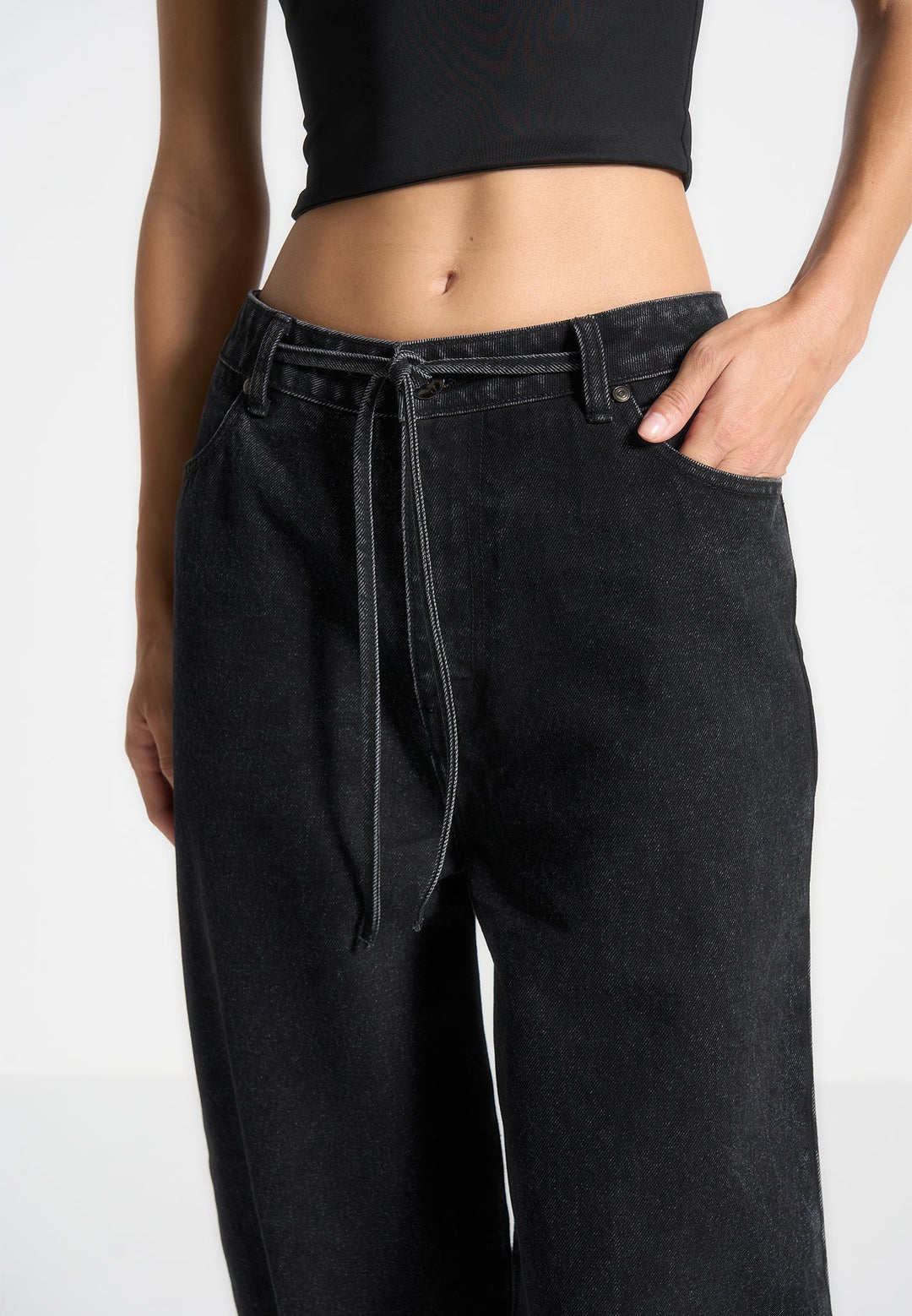 Faye - Wide Mid Rise Jeans with Tie Waist - Washed Black